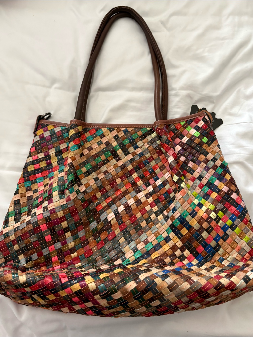 Ameri Leather Multicolor Woven Tote Bag With Brown Handles
